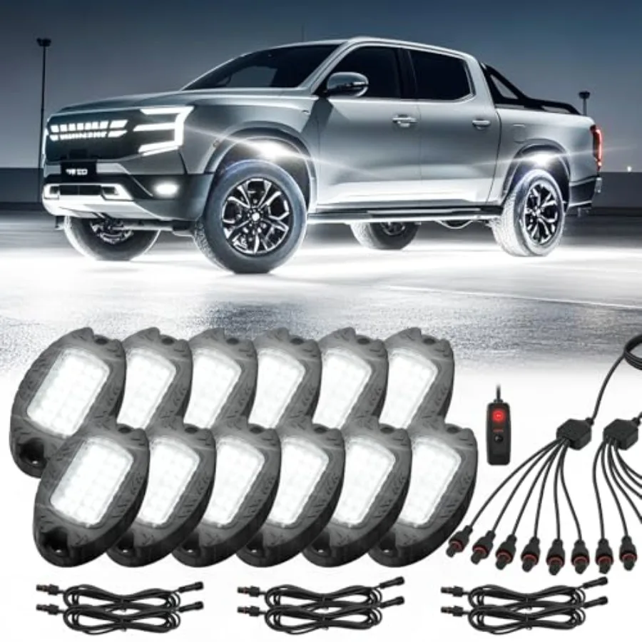 

В наличии: 12 светодиодных фонарей Pure White LED Rock Lights, IP68, водонепроницаемые, алюминиевые, 6500K, ярко-белые, для подсветки днища, с удлинительным кабелем.