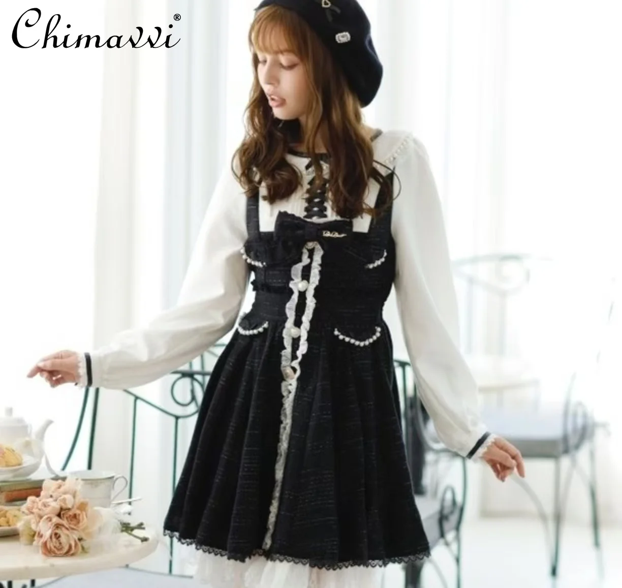 Japanese Liz Sweet Girl Lolita Dress Autumn and Winter New Cute Bow Kawaii Long-sleeved Temperament Slim-fit Short Y2k Dress