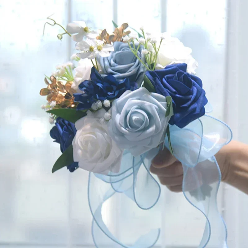 1pc Blue Bridal Bridesmaid Bouquets Wedding Decoration Rose Wedding Party Decoration Bridal Shower Wedding Tossing Bouquet