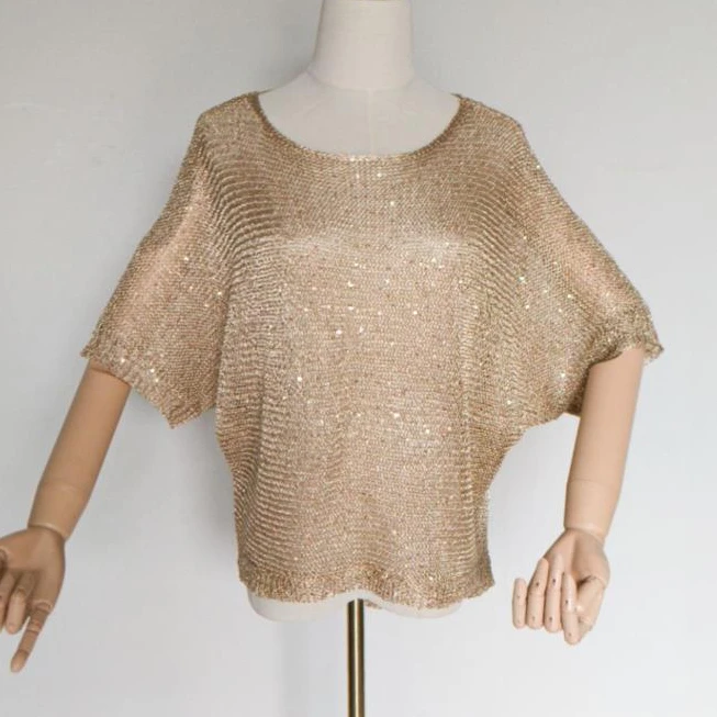 Shiny Sequin pullovers Women short Sleeve Pullover tops women Golden Basic Shirt Sequin Knit Tops