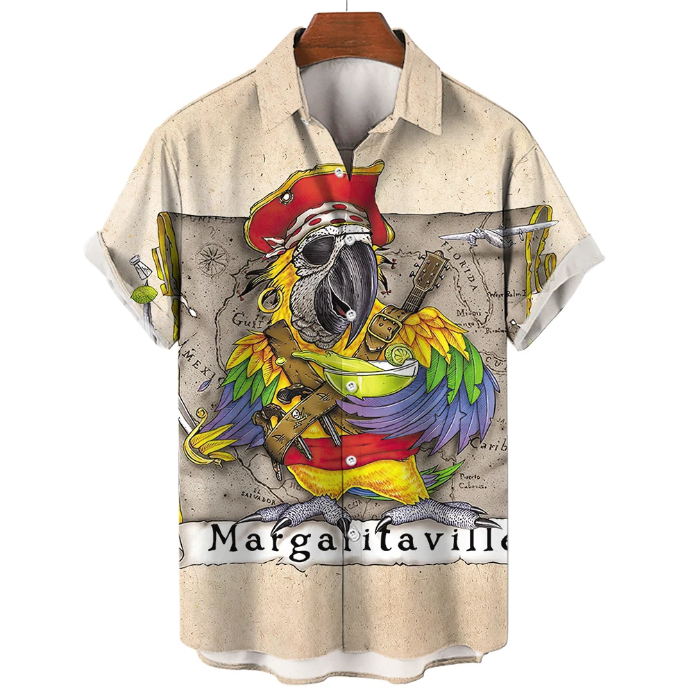 Funny Parrot Shirt For Men Fashion Short Sleeve T-shirt Lapel Single-breasted Men's Shirt Streetwear Harajuku Male Clothing Tops