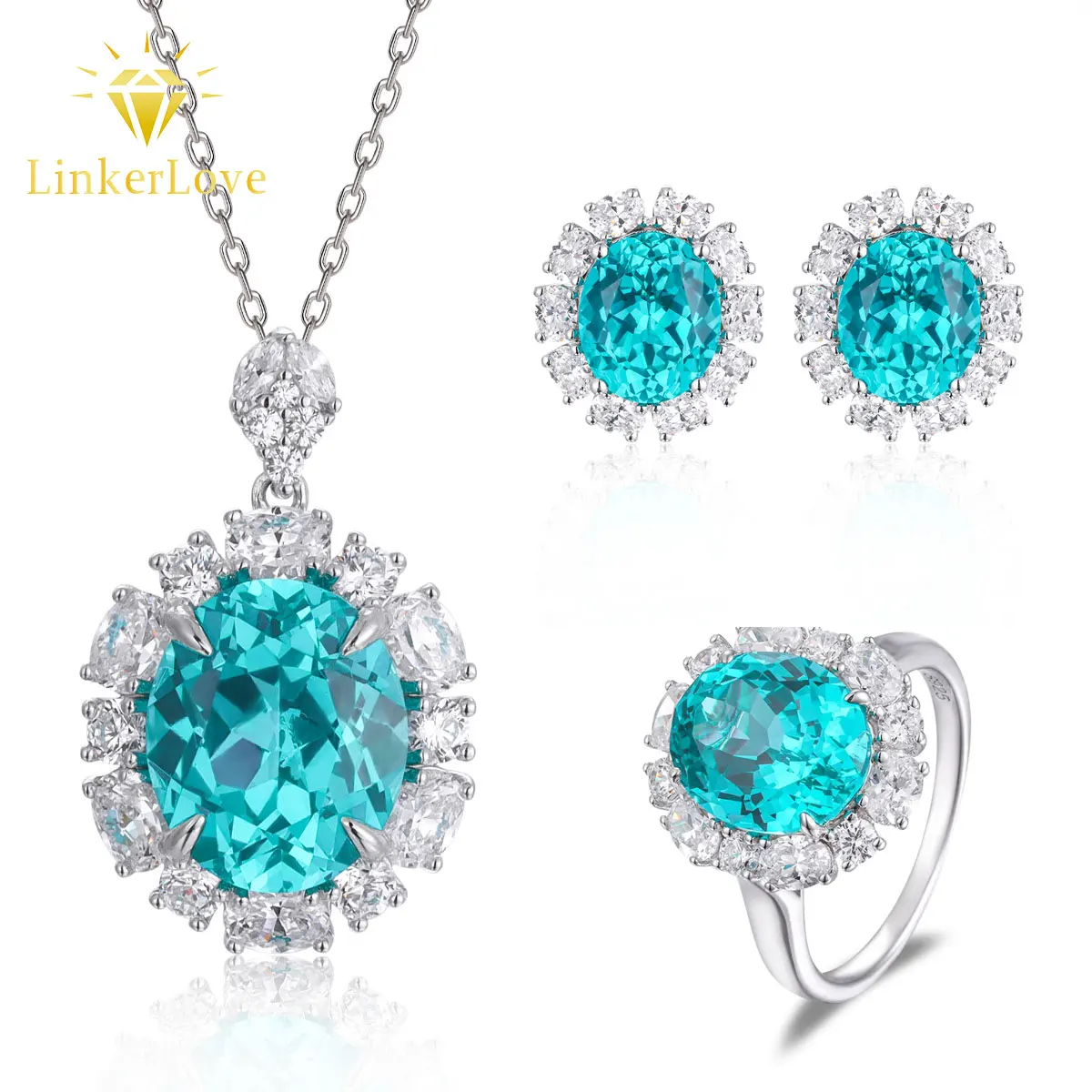 

LinkerLove 925 Silver Oval Cut Lab Created Paraiba Gemstone Flower Halo Necklace Earrings Ring Jewelry Set Luxury Bridal Jewelry