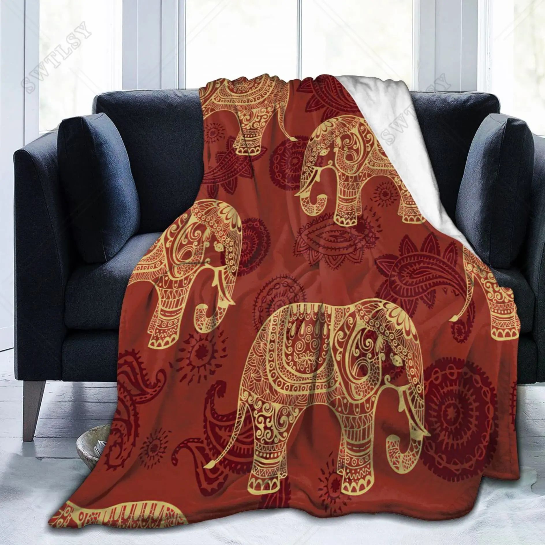 Bohemian Blanket Boho Elephant Throw Blanket Soft Flannel Animal Blanket for Bed Couch Sofa Warm Fuzzy Blanket for Men Women