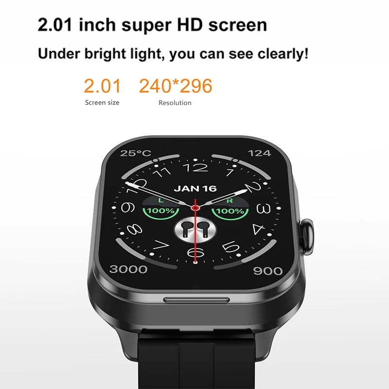 New Men's Smart Watch Earphones 2-in-1 2.01 inch Square Screen 240 * 296 HD Full Screen Touch Health Sports Bluetooth Call