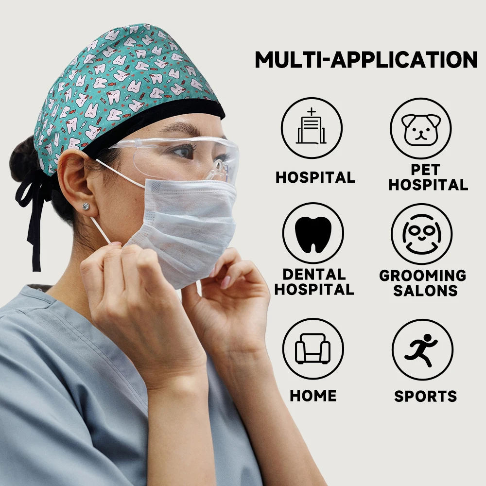 남녀공용 반려동물 모자, 하이 퀄리티 치아 프린트, 치과 진료소 스크럽, 통기성 의료 작업 모자, 면 간호 모자, 도매