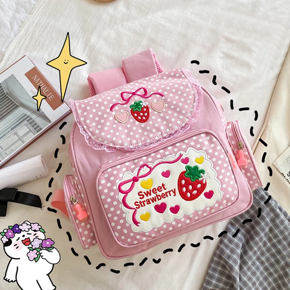 Bolsa escolar Kawaii para crianças, Kawaii, fofo, bordado de morango, mochila ao ar livre, pontos, bolso múltiplo, moda de nylon, faculdade para adolescente