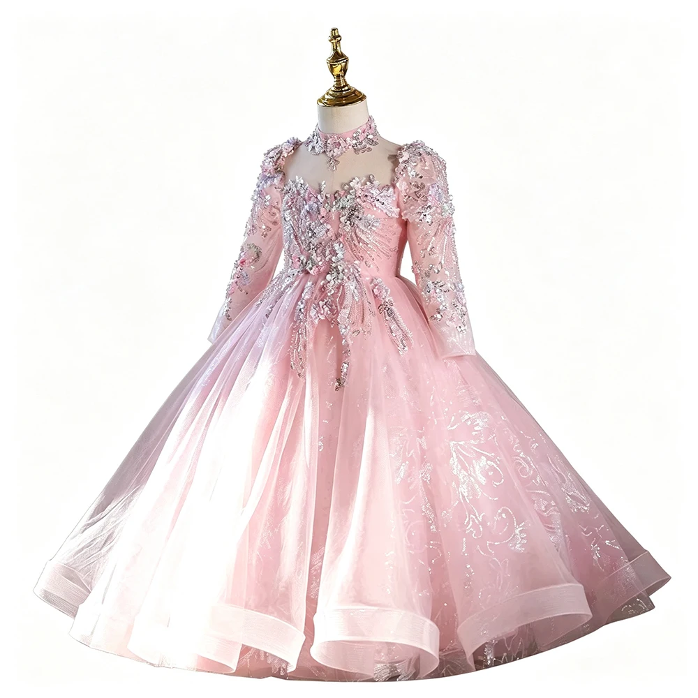Luxury Pink Long Sleeve Shiny Sequined Elegant Catwalk Model Show And Evening Party Dress For Girls Pageant Prom Birthday Gown