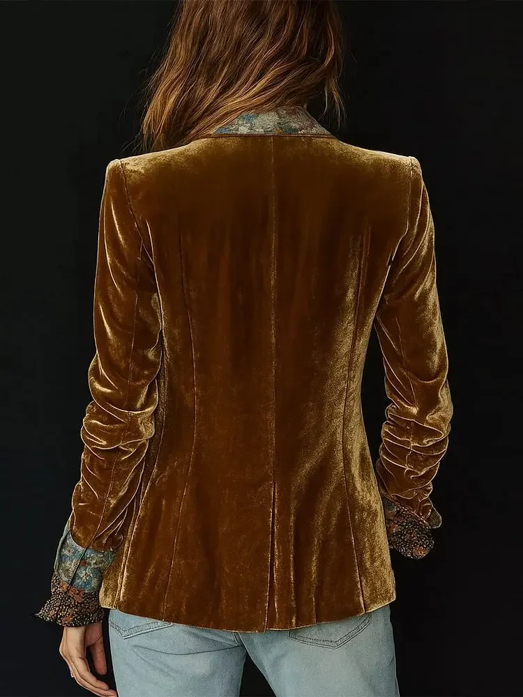 

American Retro Velvet Jacket for Women's Notched Collar Floral Printed Vintage Autumn Casual Single Button Short Coat Outerwear