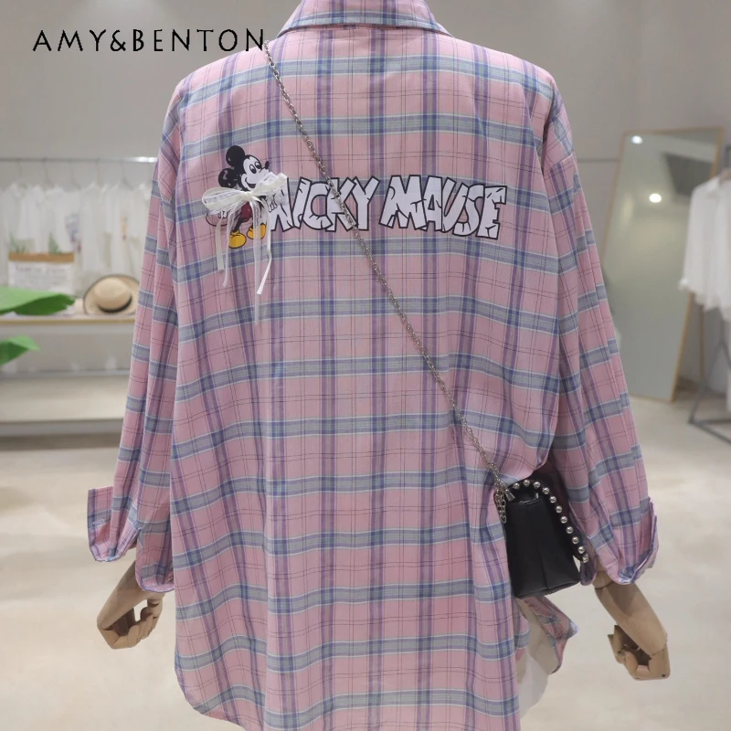 

Breathable Skin Tone Age-Reducing Cartoon Y2k Top Shirt 2025 Summer Loose Mid-Length Plaid Long Sleeves Kawaii Blouse For Women