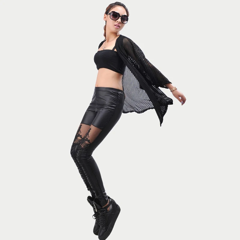 Calças de couro falso para mulheres, leggings punk góticas, calças skinny, calça sexy de renda, imitação de couro, 9 pontos