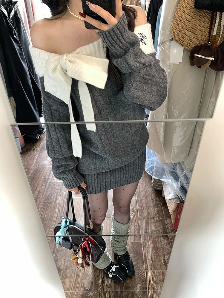 

Women's Knitted One-oulder Color Blo Sweater High Waist Bodycon ort Skirt Two-Piece Set Sweet Sle Long Sve Butterf...