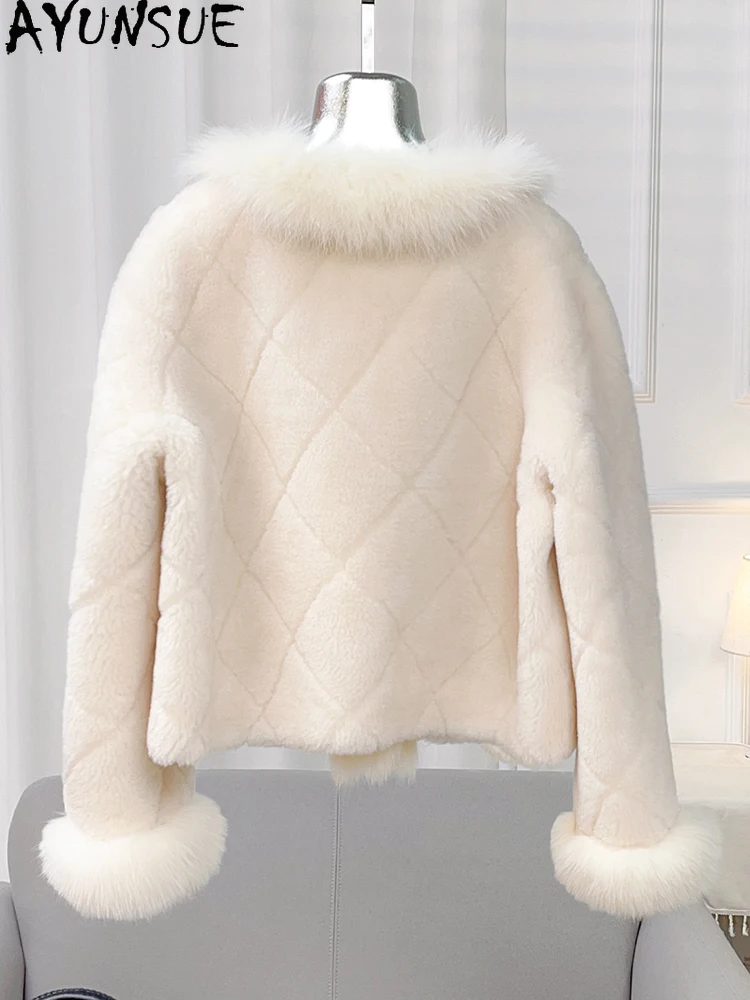 AYUNSUE 여우 모피 칼라 천연 양모 여성 자켓 패션 양고기 모피 자켓 여성 의류 고품질 겉옷 Ropa Para Mujer