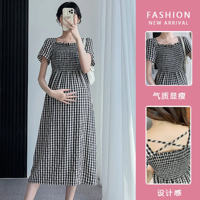 

Summer Maternity Dress - Breathable Linen Gingham Dress for Pregnant Women, Square Neck Slim-Fit Maxi Dress for Stylish Moms