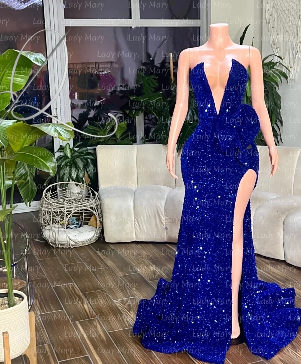 بريق الترتر فساتين لحضور الحفلات الموسيقية الأزرق الملكي العميق الخامس بقماش شفاف أنيقة المرأة فساتين السهرة عالية الشق رداء حفلات الزفاف حسب الطلب #1