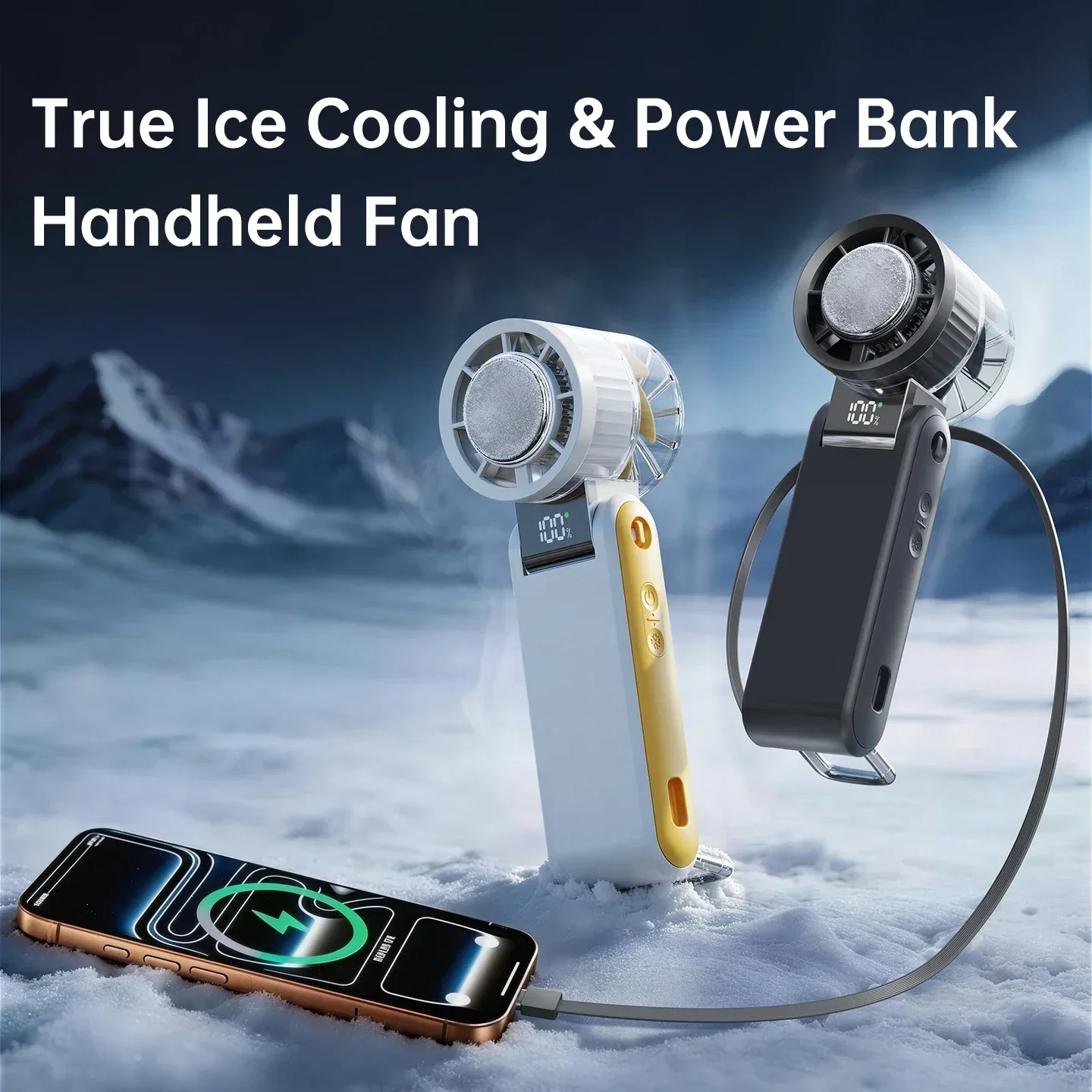 MUXNW 5-in-1 Portable Handheld Fan with Semiconductor Cooling Plate & Power Bank,  100 Speeds, Glass Back, 4000mAh Rechargeable