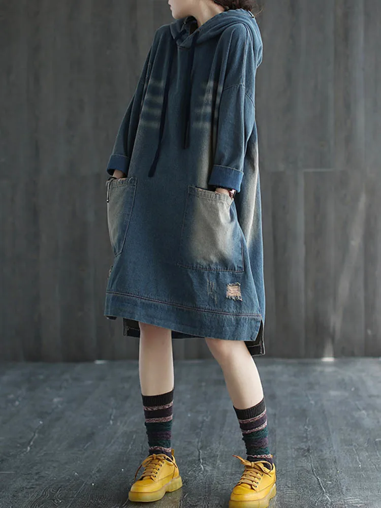 Max LuLu 2022 Korean Designer Ladies Autumn Ripped Denim Dresses Womens Casual Vintage Dress Hooded Elegant Sexy Luxury Vestidos