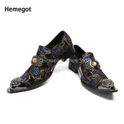 Blue Yellow Embroidered Flowers Iron Pointed Loafers Fashion Men's Shoes Breathable Heightened Comfort Shoes Wedding Shoes