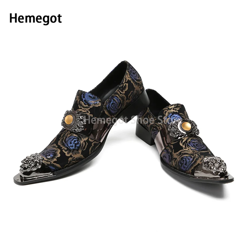 Blue Yellow Embroidered Flowers Iron Pointed Loafers Fashion Men's Shoes Breathable Heightened Comfort Shoes Wedding Shoes