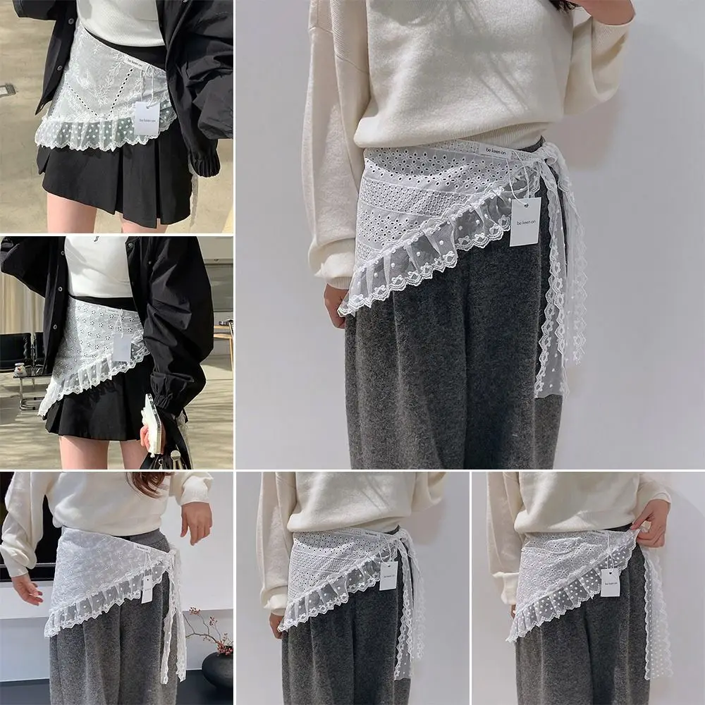 

Embroidered Flower Lace Mini Skirt See Through Y2K Streetwear Lace Up Ruffles Skirt Harajuku Cotton Butt Curtain