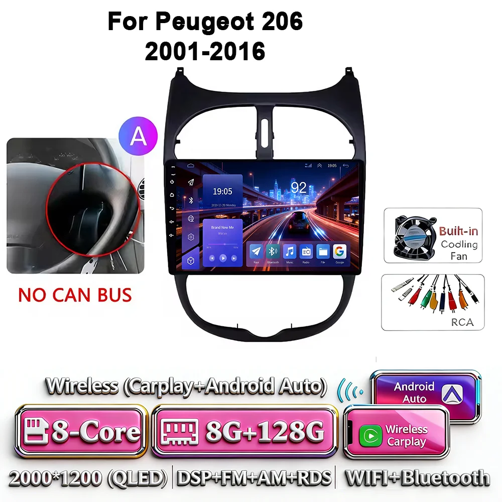 Android 17 Carplay Android Auto 4G WIFI autoradio voor Peugeot 206 2001-2016 GPS DSP BT touchscreen multimediasysteem navigatie stereo