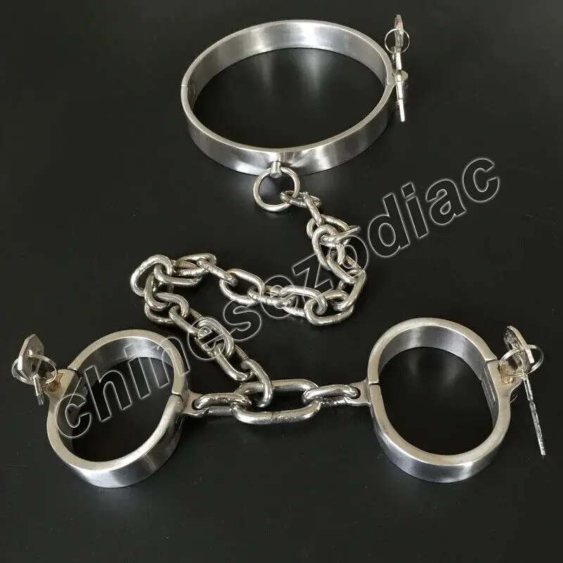 Women Man Handcuff Slave Collars Restraints Steel Neck Collar Hand Wrist Cuffs