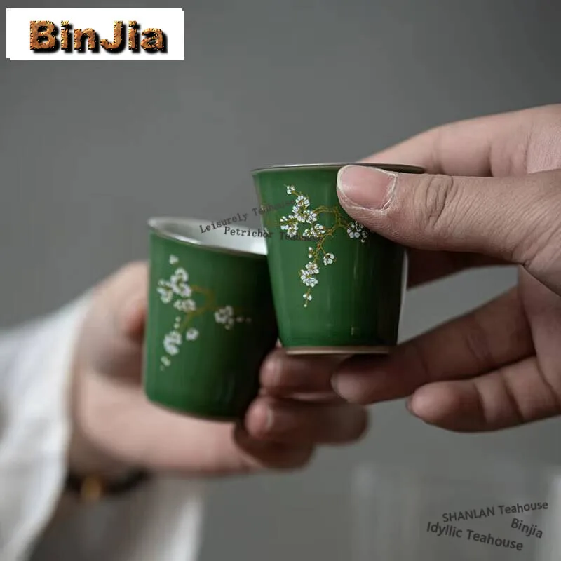 2 unid/set taza de té verde turquesa hecha a mano individual maestro pintado a mano flor de ciruelo taza con olor Cha Kung Fu Teaset 40Ml