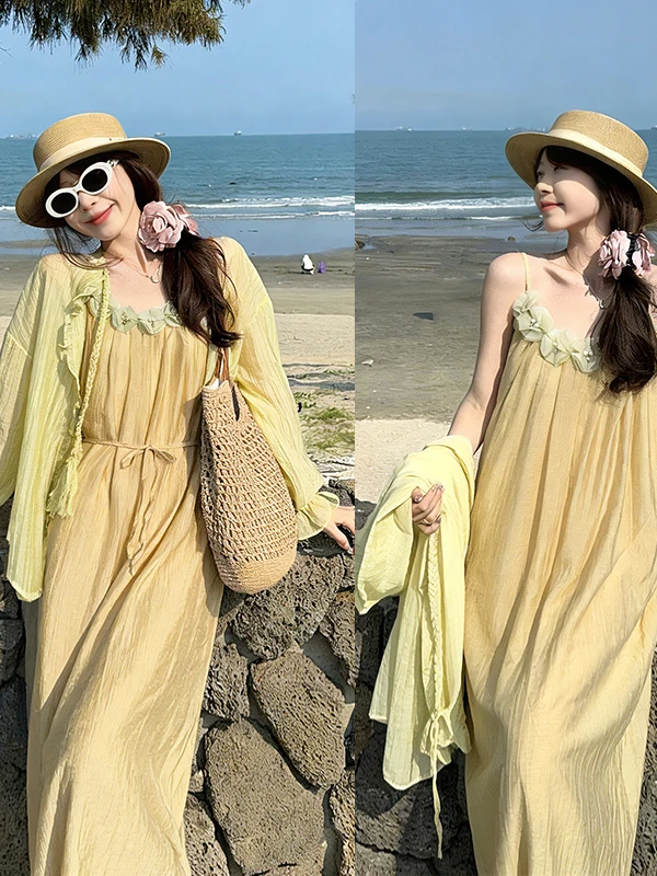 

plus Size Loose Summer Vacation Style Forest System Heavy Work Flower Strap Dress Sun Protection Shirt for plus Size Women