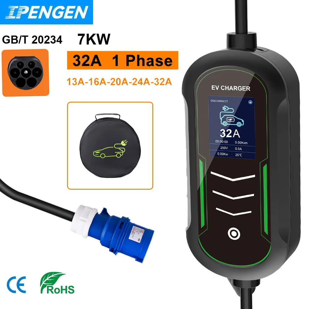 IPENGEN Portable 7KW EV Charger GBT EVSE EV Charging Wallbox for Electric Car Current Adjustable Appointment time