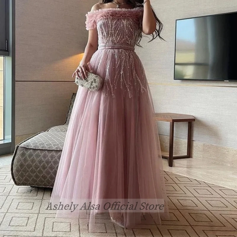 Customized Women Formal Evening Dresses 2025 Off Shoulder Sequined A Line Tulle Long Prom Party Cocktail Gown Homecoming Wear