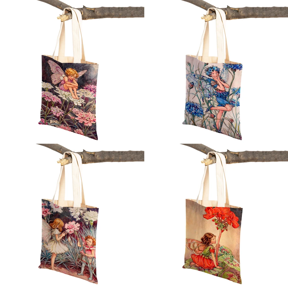 Both Print Cartoon Flower Girl Shopping Bag for Women Child Reusable Casual Fairy Tale World Elves Canvas Tote Shoulder Handbag