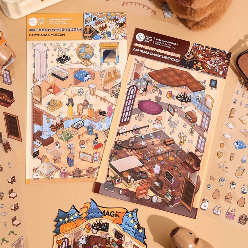 Cartoon Capybara Landscape Sticker 3D Miniature Scene DIY Pocket Cabin Scene Stacking Pasting Sticker for Kid Child Student Gift