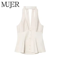 MUJER-Tops a rayas con cuello Halter para mujer, camisola de verano con espalda descubierta, camiseta sin mangas con hombros descubiertos, Tops sexis de playa para mujer, chaleco