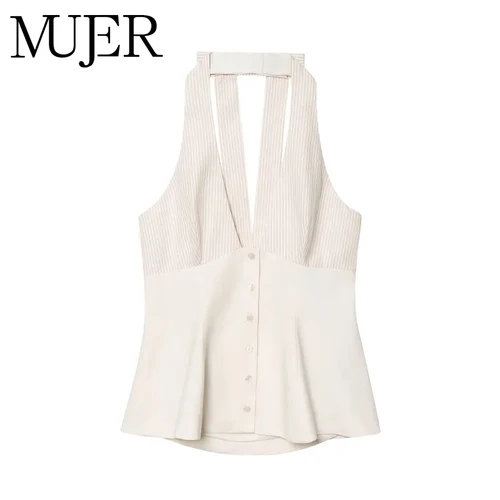 MUJER-Tops a rayas con cuello Halter para mujer, camisola de verano con espalda descubierta, camiseta sin mangas con hombros descubiertos, Tops sexis de playa para mujer, chaleco