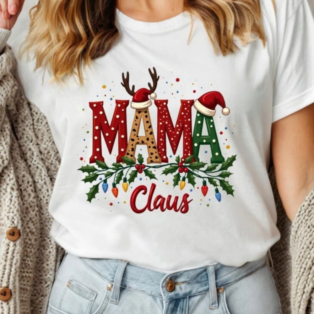

2025 Mama Claus Shirt Christmas Mom Tshir Women Christmas Tees Happy New Year Top Fashion Streetwear O-neck Short-sleeve Tee Top