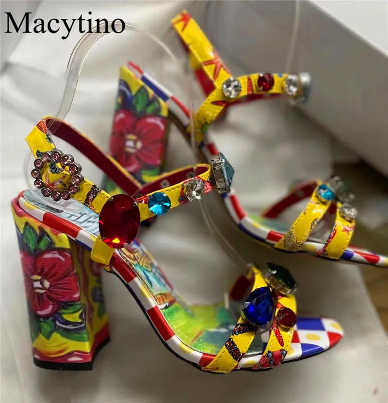 2024 Printed Jewel Women High Heel Sandals Round Toe Block Heel Women Pumps Fashion Party Shoes