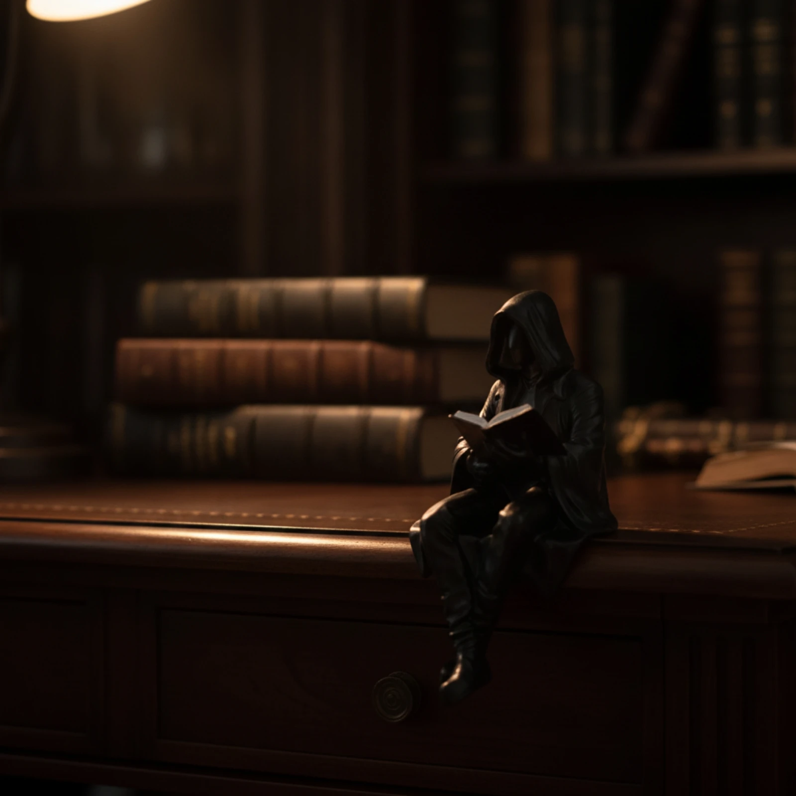 Seated Figurine with Book Dark Fantasy Hooded Figure Figurine Shelf Sitter Gothic Statue Antique Black for Collectors, Bookshelf view 2