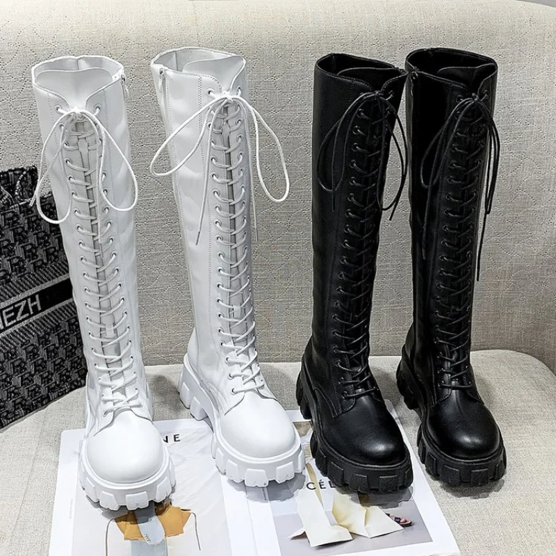 

2024 New Winter Fashion Trends Long Boot Shoes Women Black White Lace Up Zip Height Increasing Leather Shoes Plush Women Boots