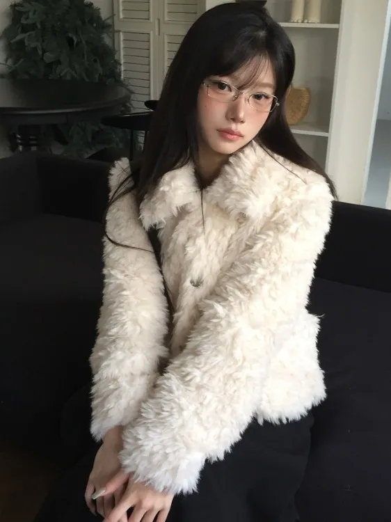 

Thiened Lamb Fur Jaet Women's Winter Warm Beautiful Outerwear Commute Straight Tube Sle Pure Color Chinese Production