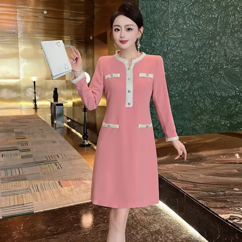 ZJYT शरद ऋतु नई महिलाओं की लंबी आस्तीन मोती मनके पोशाक सुरुचिपूर्ण महिलाओं घुटने लंबाई आकस्मिक पार्टी कार्यालय कपड़े गुलाबी काले 10 best sales महिलाओं के औपचारिक कपड़े - №10