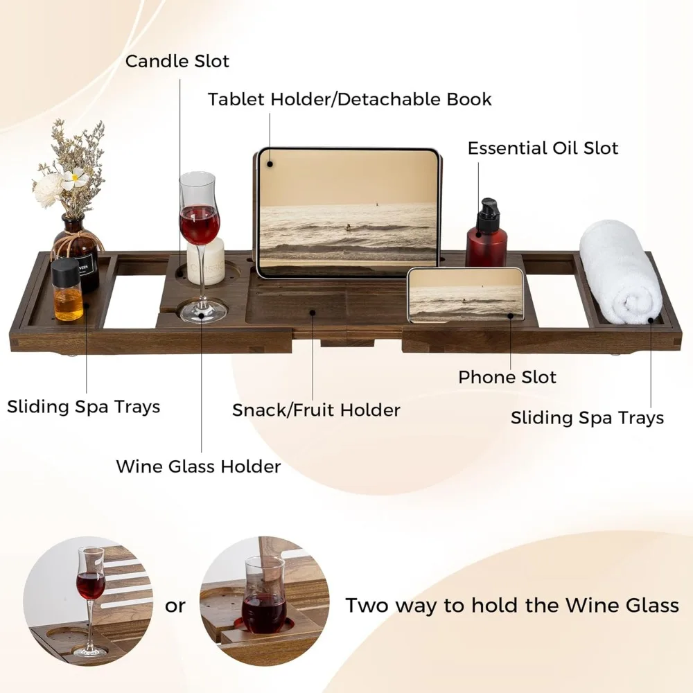 

Expandable Teak Bathtub Tray with Wine Glass & Phone Holders - Luxury Bath Caddy for Spa Relaxation Reading