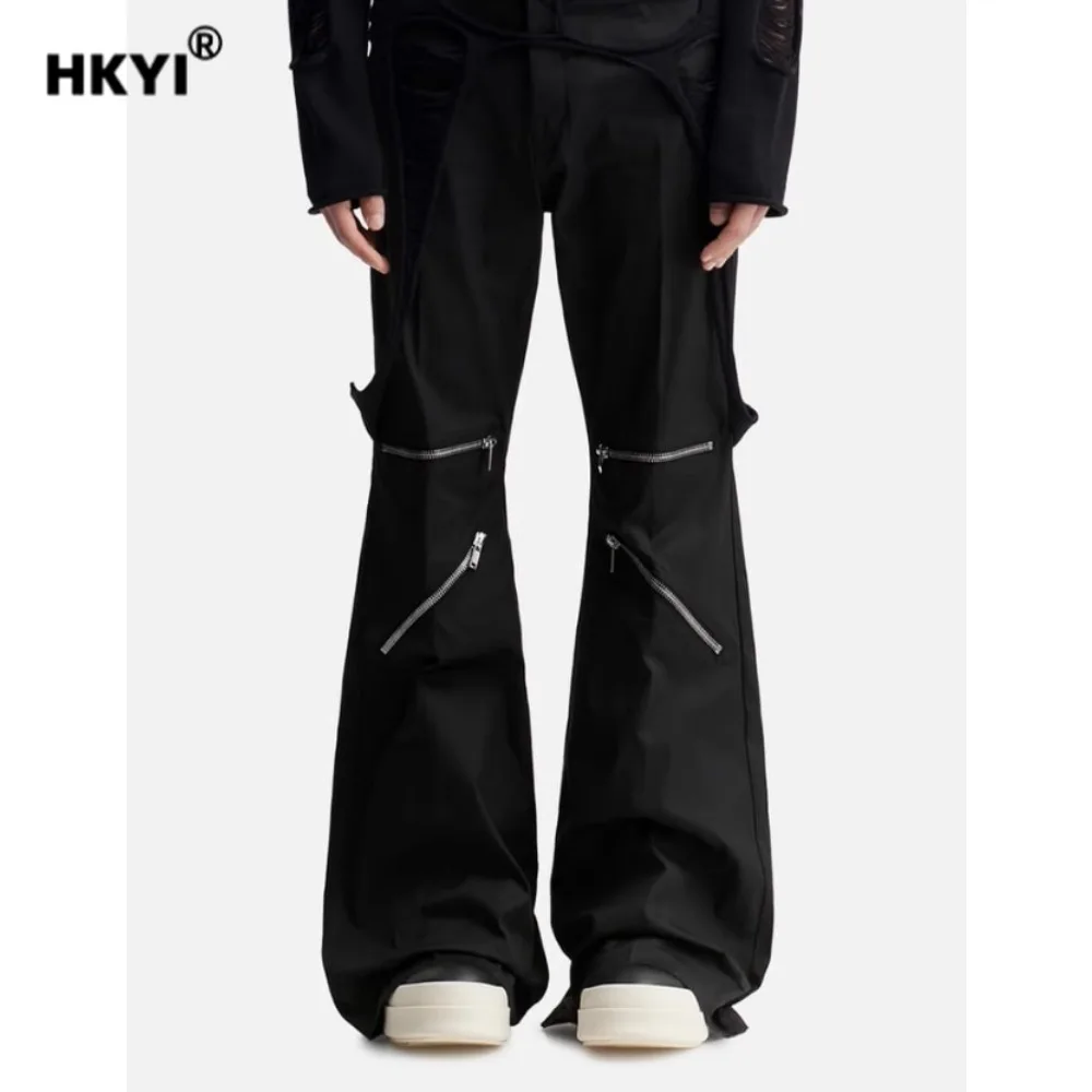 HKYI men's zipper flared floor length pants, loose stacking casual pants, work pants