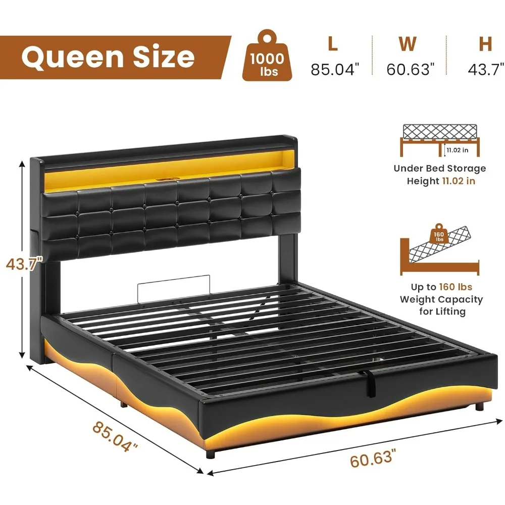 Lift Up Storage Queen Bed Frame with Type-C Charging Station&Hidden Storage Headboard, Lights Upholstered Platform Bed,Queen Bed image 2