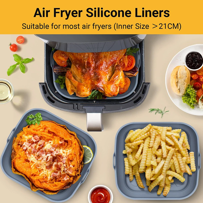 Air Fryer Silicone Basket Pot Square Foldable Airfryer Oven Baking Tray Mold Liner Reusable Oil-Free Kitchen Cooking Accessories