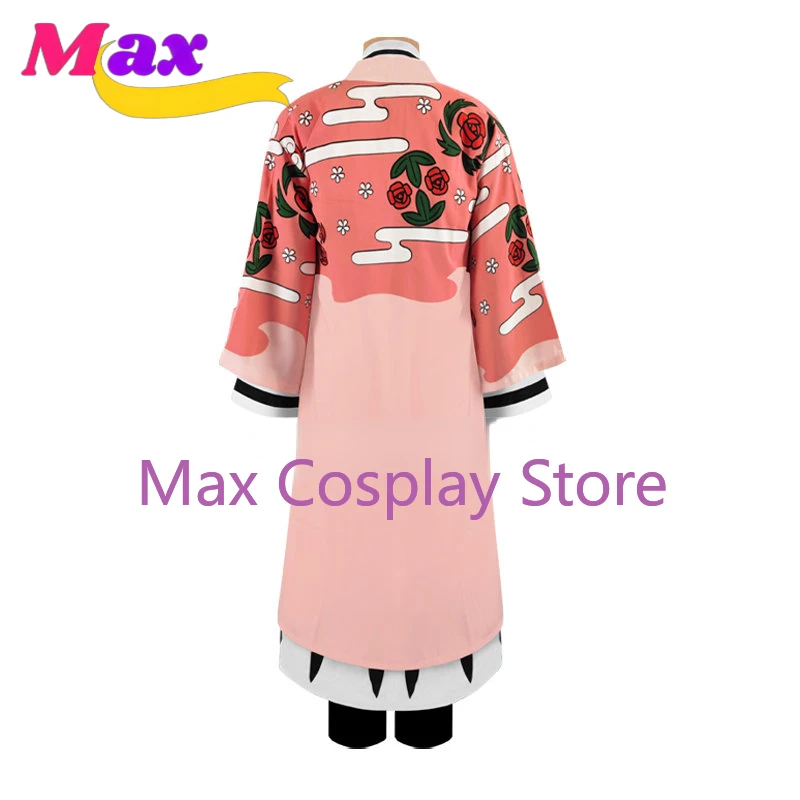 Max Cos Anime Kyoraku Shunsui Costume Cosplay mille anni Blood War Kimono rosa nero Shinigami abbigliamento Outfit mantello scarpe