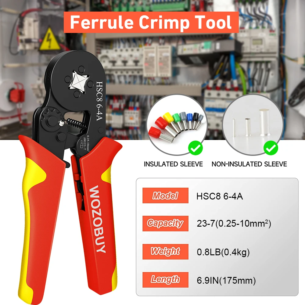 WOZOBUY Wire Terminals Ratcheting Ferrule Crimper Tool HSC8 6-6A/6-4A - 24-10AWG Wire Stripper,Wire Terminals Crimper Kit