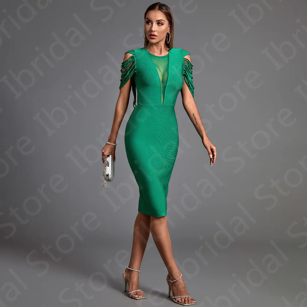 

Classic Green Homecoming Dresses 2024 Short Cocktail Party Dress Draped Short Sleeve Wedding Guest Gowns Knee Length Sheer Neck