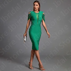 Classic Green Homecoming Dresses Short Cocktail Party Dress Draped Short Sleeve Wedding Guest Gowns Knee Length Sheer Neck