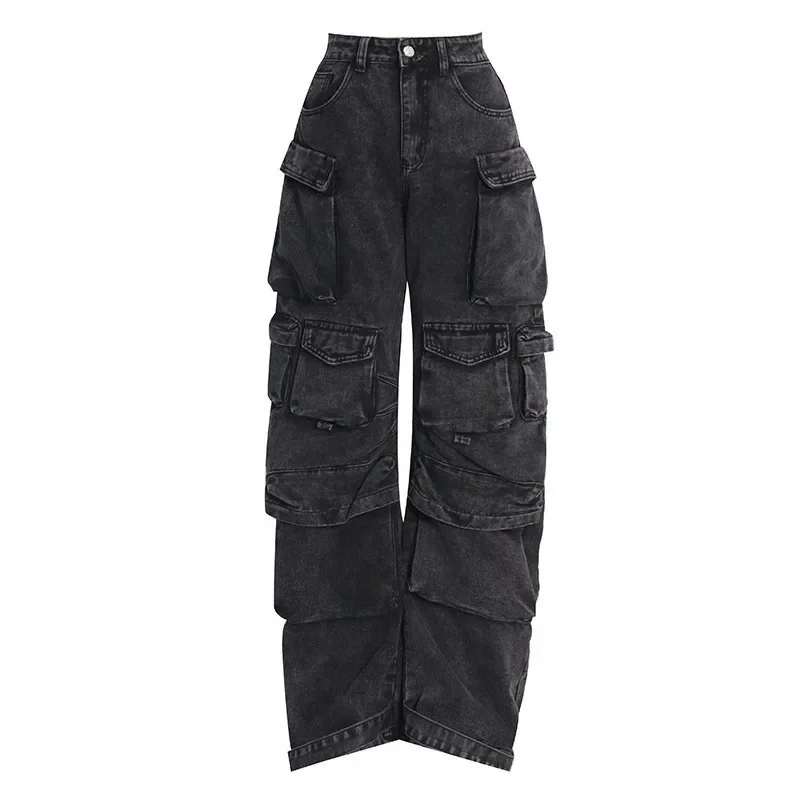 Women\'s Multiple pockets stitching Denim  pants Straight tube long pants loose  wide leg Side work pocket cargo pants