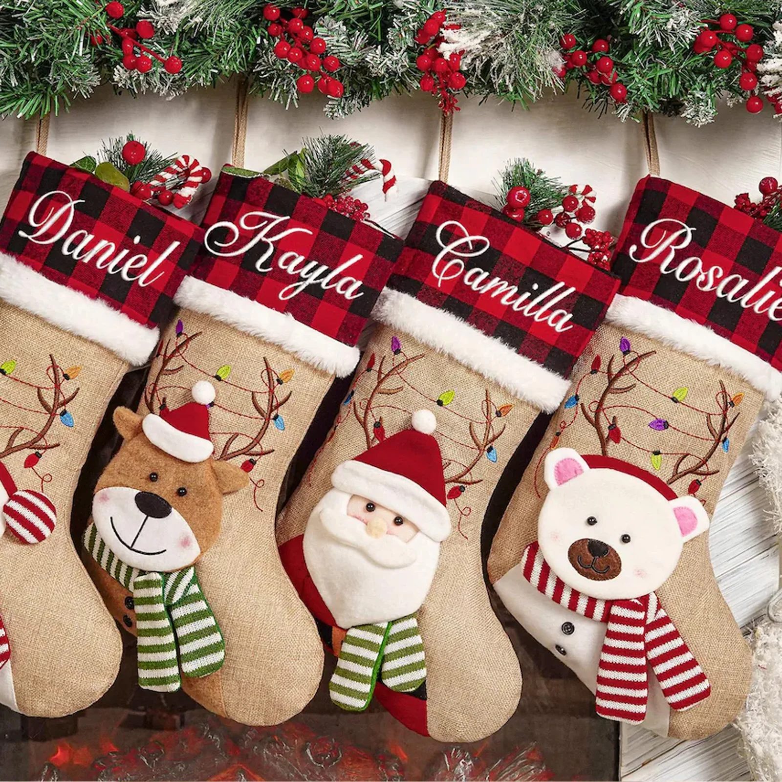 Personalized Burlap Christmas Stockings with Names Custom Santa Snowman Reindeer Large Xmas Socks Decoration 18