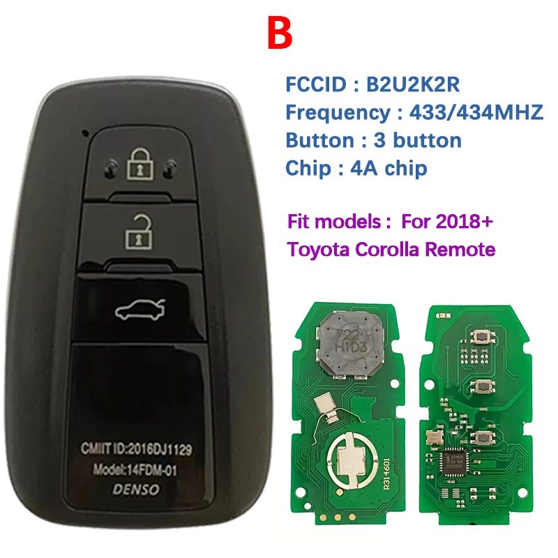 CN007269 Aftermarket 2/3/4 Button Smart Key Remote B2U2K2R HITAG AES NCF29A1M 433MHz 8990H-02050 For Toyota Corolla 2018+